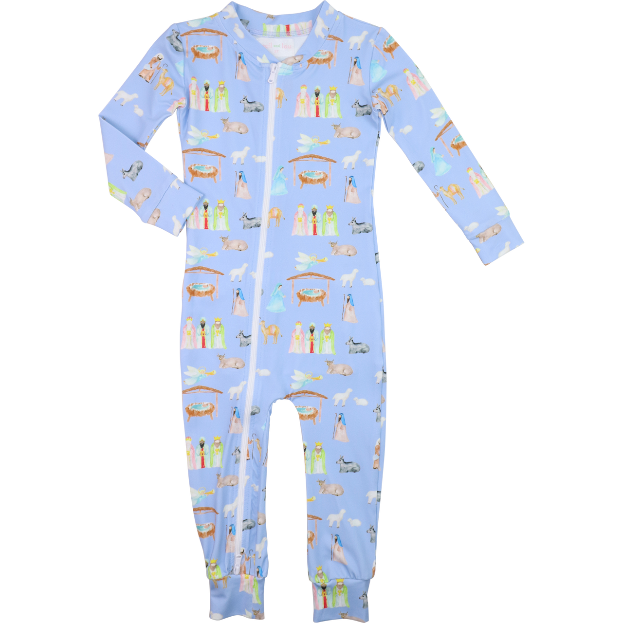 Light blue onesie with colorful animal pattern on a white background