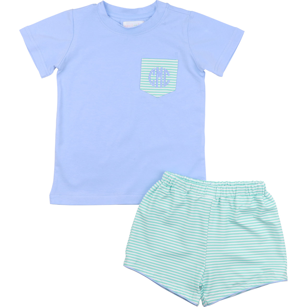 Light blue t-shirt with a pocket and green striped shorts on a white background