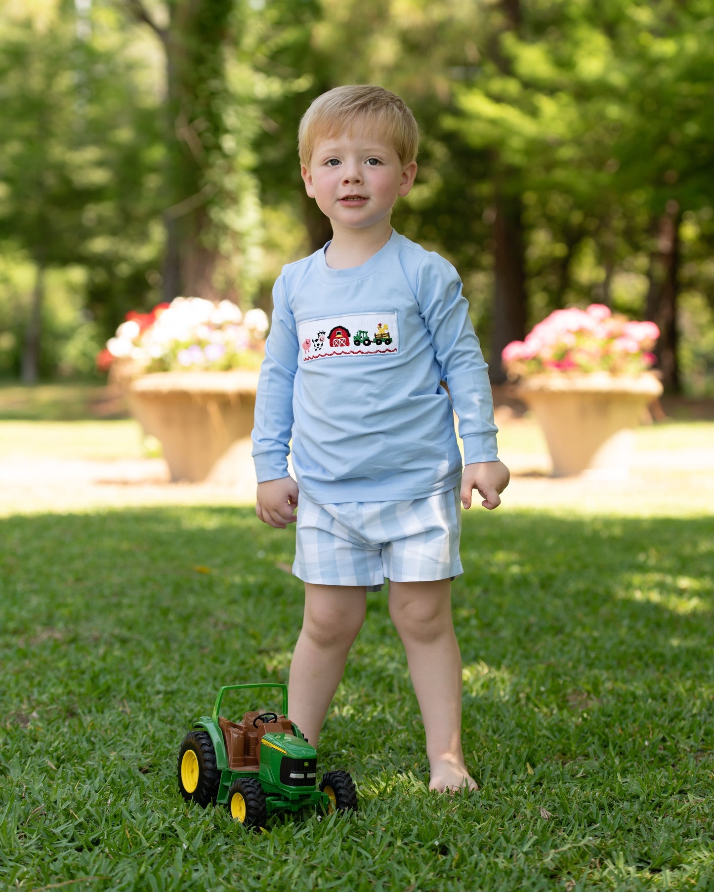 Blue Buffalo Check Smocked Farm Short Set