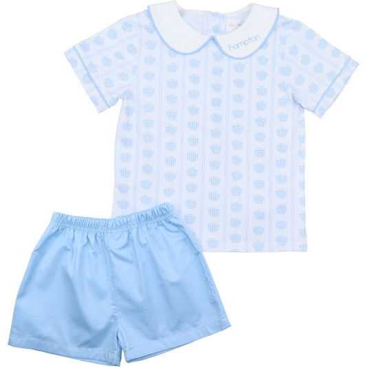 Blue Knit Apple Peter Pan Short Set