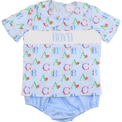 Blue Gingham Custom Smocked Alphabet Diaper Set