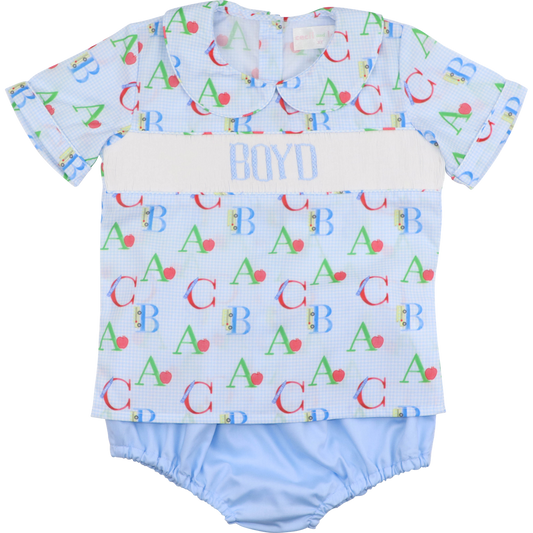 Blue Gingham Custom Smocked Alphabet Diaper Set