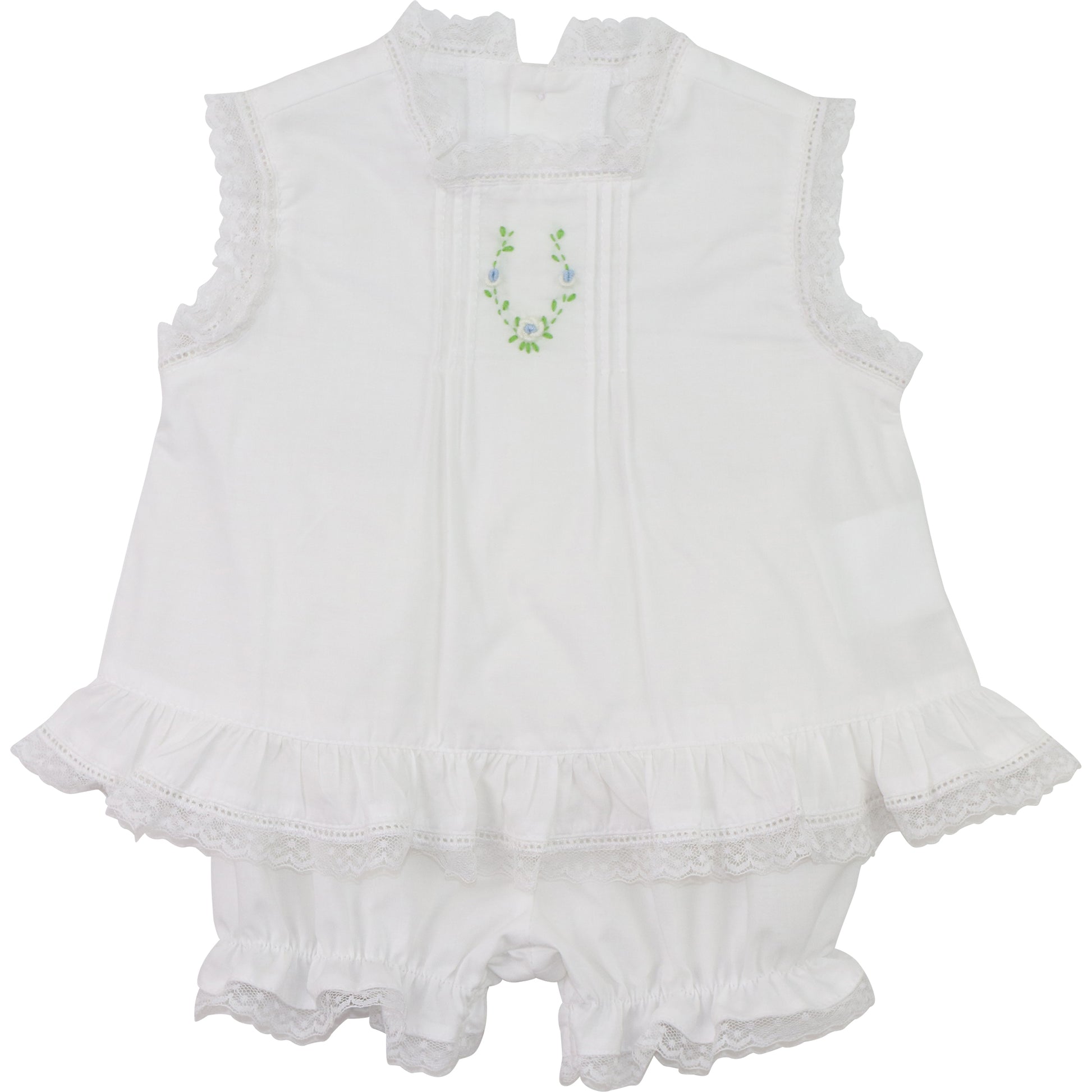 White baby diaper set with floral embroidery on a white background
