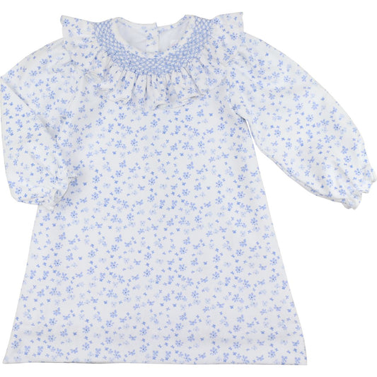Blue Floral Corduroy Geometric Smocked Dress