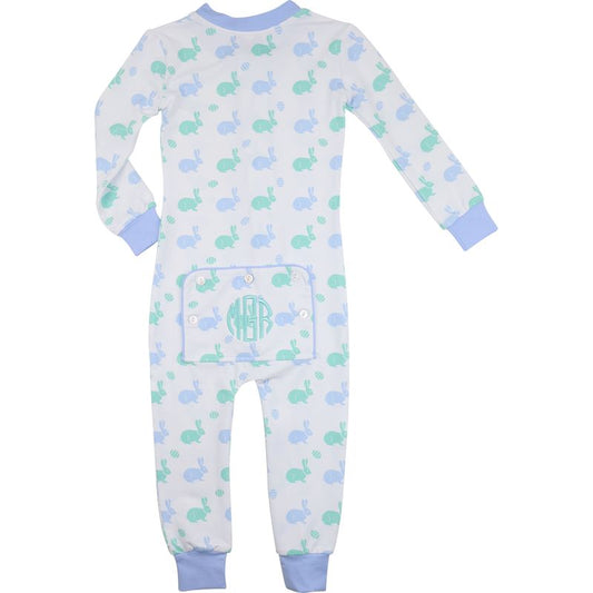 Mint And Blue Bunny Print Knit Zipper Pajamas