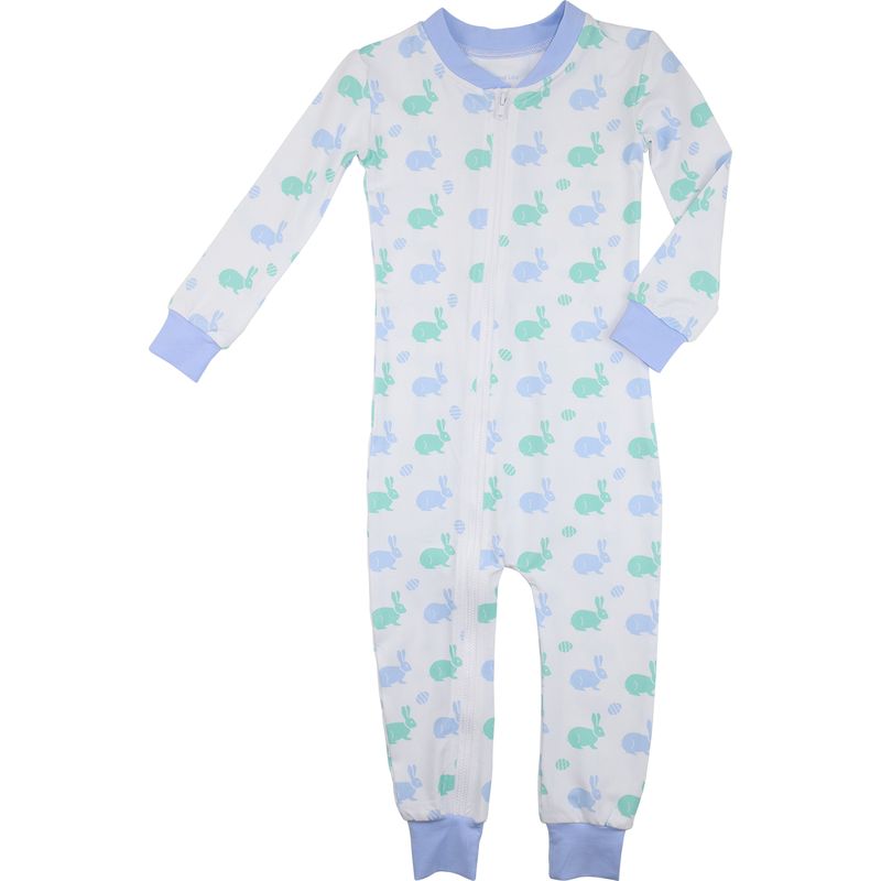 Mint And Blue Bunny Print Knit Zipper Pajamas