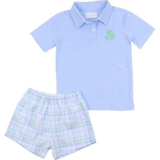 Mint And Blue Check Polo Short Set