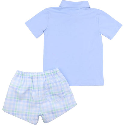 Mint And Blue Check Polo Short Set