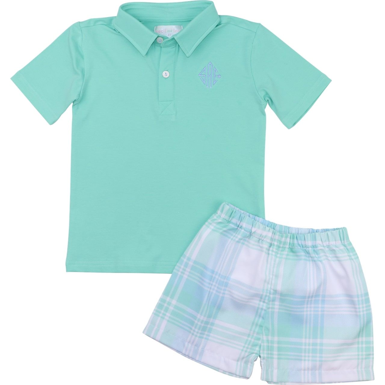 Mint And Blue Plaid Polo Short Set