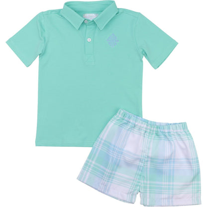 Mint And Blue Plaid Polo Short Set