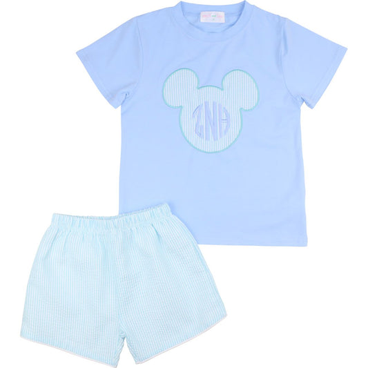 Mint And Blue Seersucker Mouse Ears Short Set