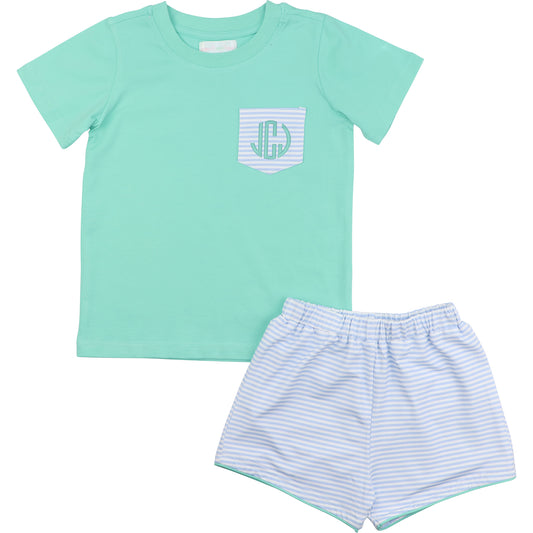 Mint And Blue Stripe Knit Short Set