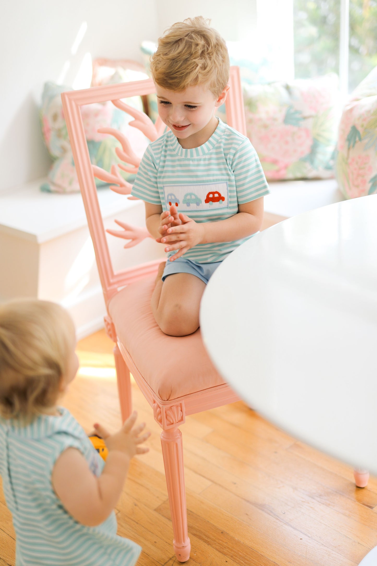 Mint Striped Smocked Cars Knit Bubble