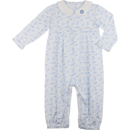 Blue And White Knit Cowboy Print Long Romper