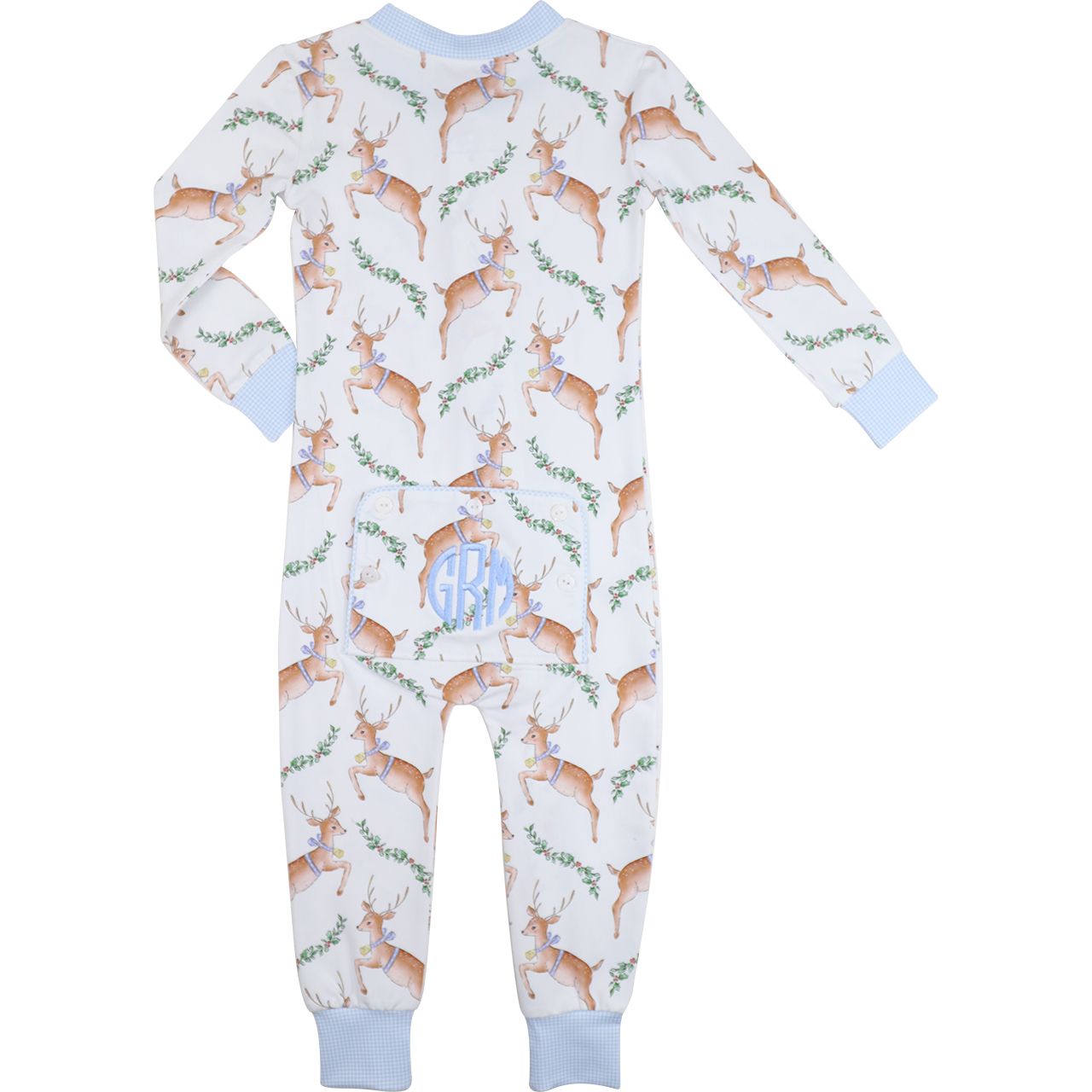 Blue Knit Gingham Reindeer Zipper Pajamas