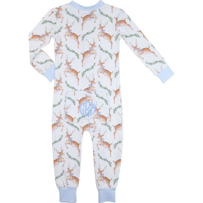 Blue Knit Gingham Reindeer Zipper Pajamas