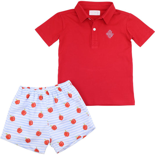 Blue And Red Apple Polo Short Set