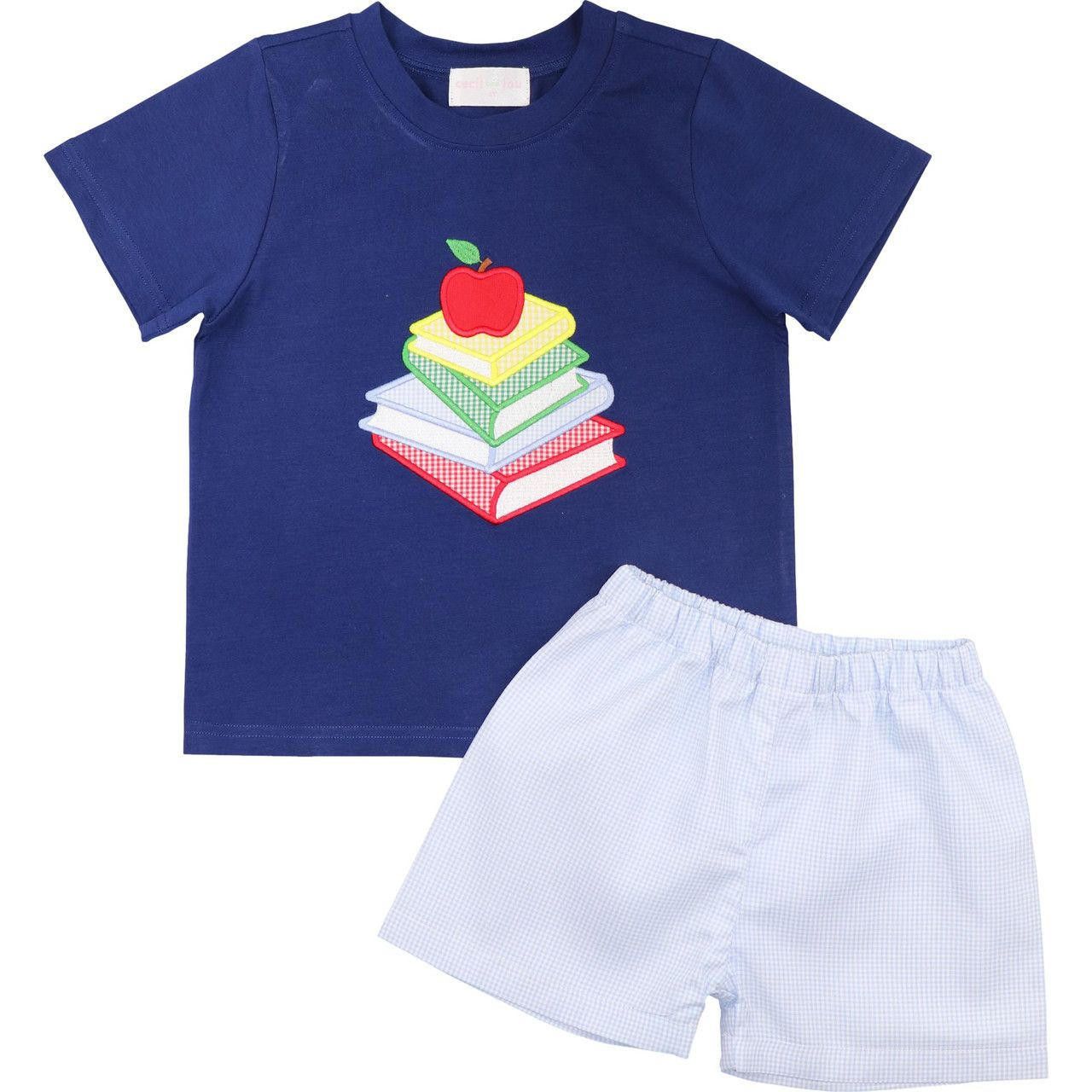 Navy And Blue Gingham Applique Books And Apple Short Set