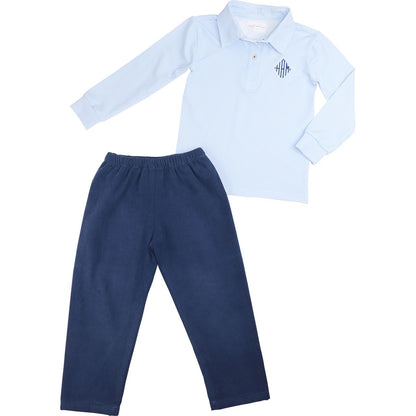Navy And Blue Gingham Corduroy Polo Pant Set