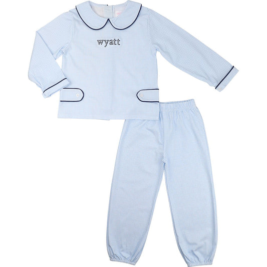 Navy And Blue Gingham Knit Ankle Pant Set