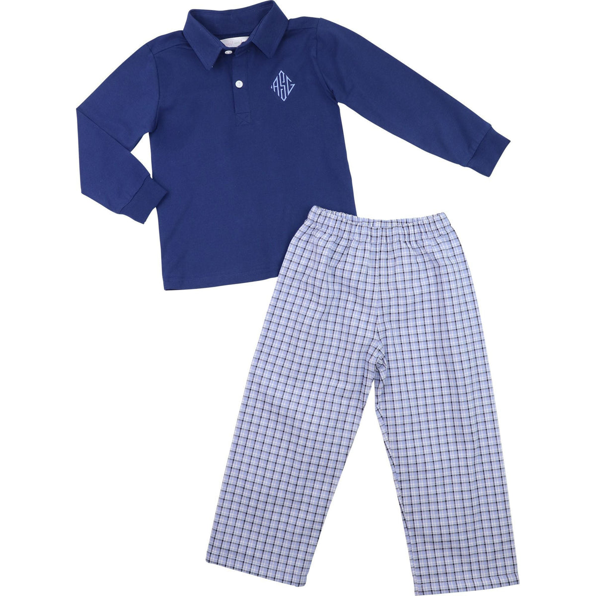Navy And Blue Plaid Polo Pant Set