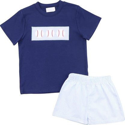 Navy And Blue Windowpane Applique Baseball Short Set