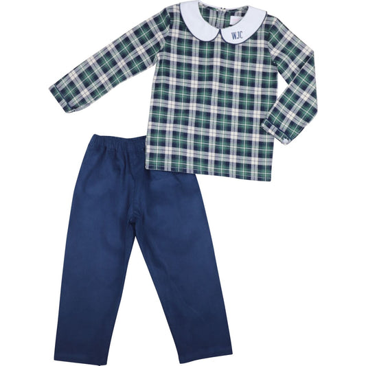 Navy And Green Plaid Flannel Pant Set