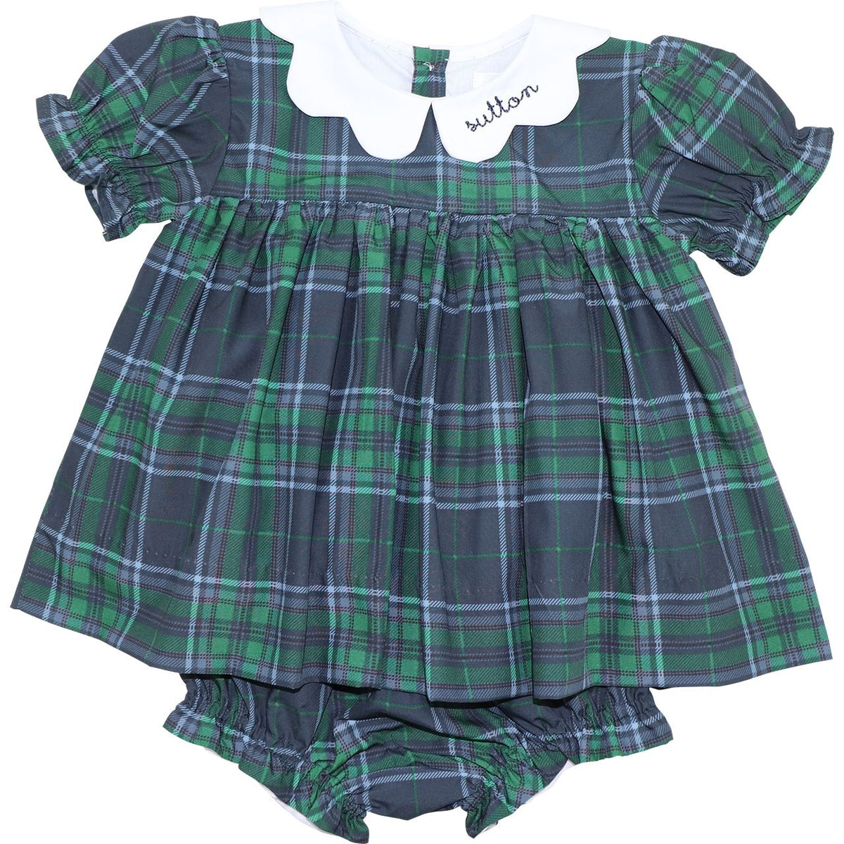 Navy And Green Plaid Scalloped Collar Diaper Set
