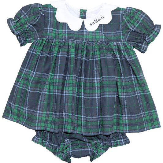 Navy And Green Plaid Scalloped Collar Diaper Set