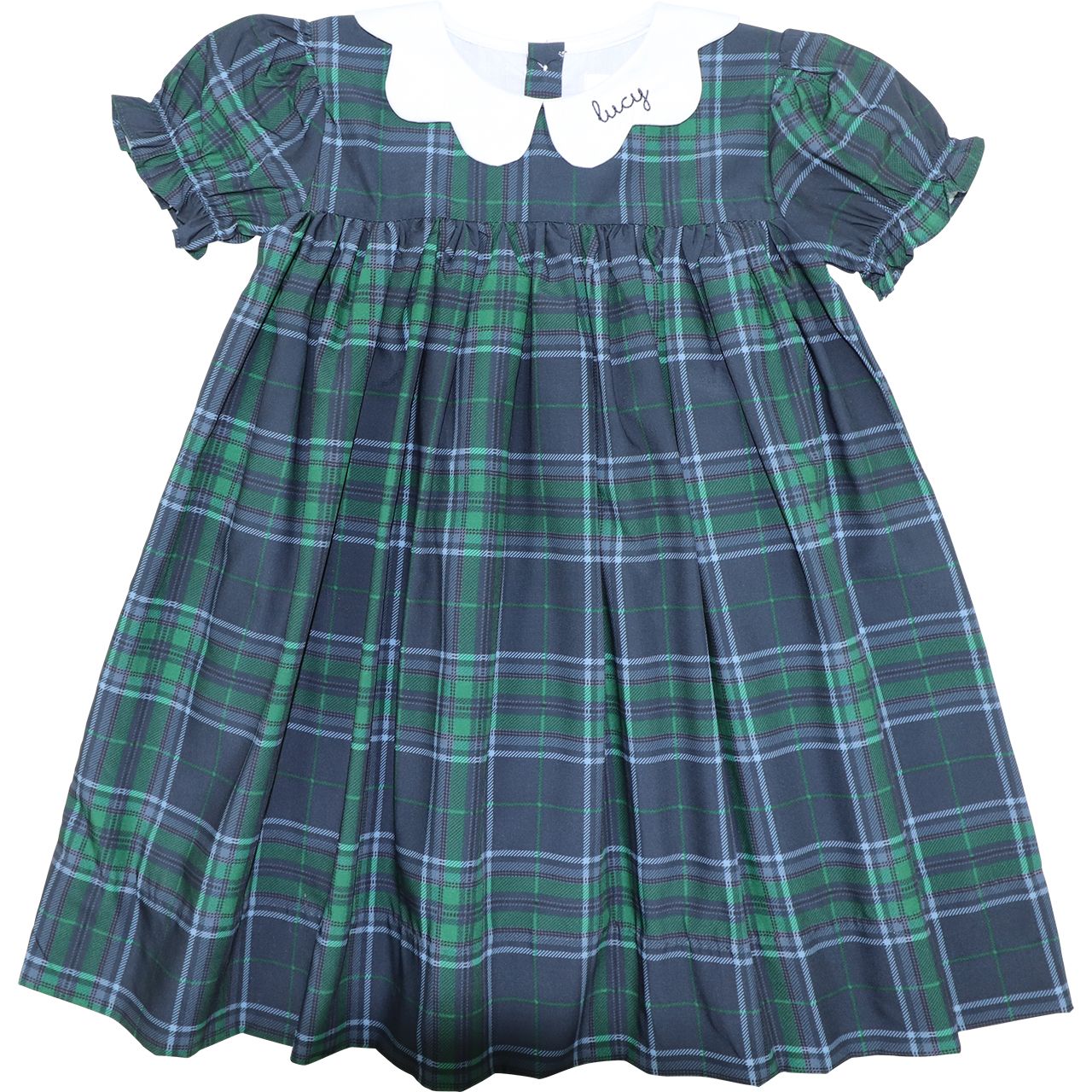 Navy And Green Plaid Scalloped Collar Dress