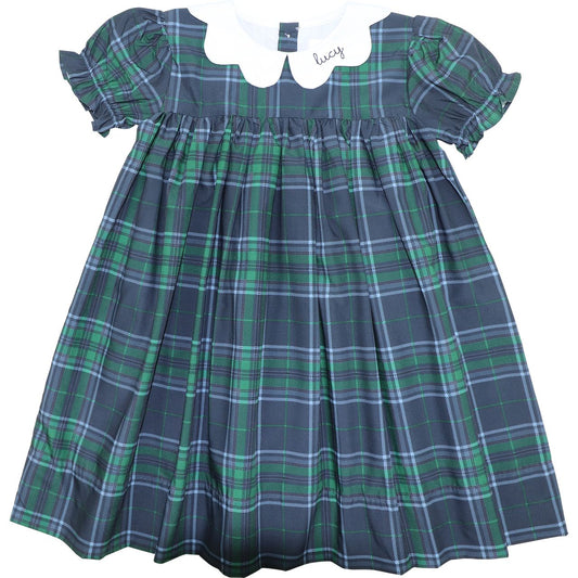 Navy And Green Plaid Scalloped Collar Dress