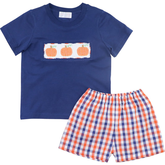 Navy And Orange Check Smocked Pumpkin Short Set