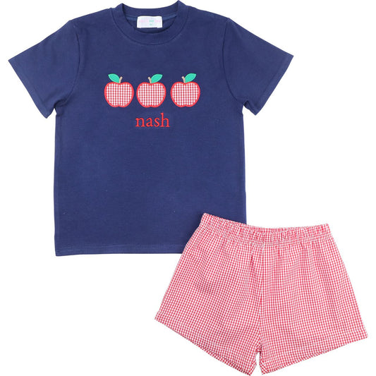 Navy And Red Applique Apples Short Set