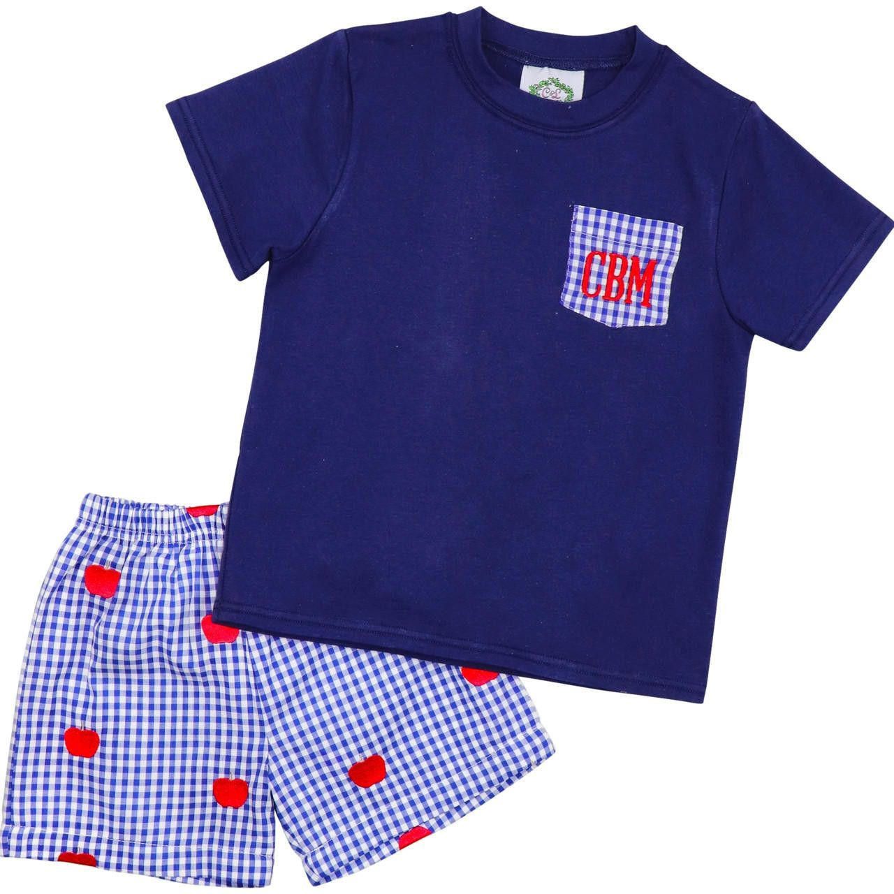 Navy And Red Embroidered Apple Short Set