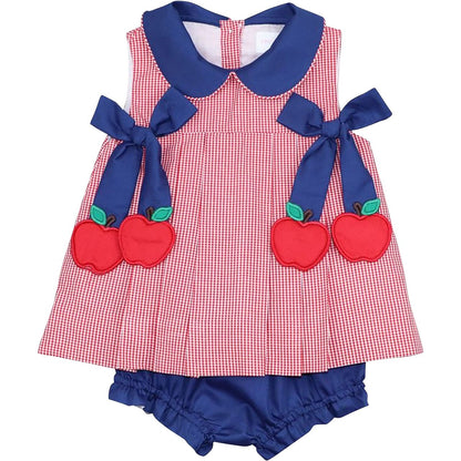 Navy And Red Gingham Apple Bow Diaper Set