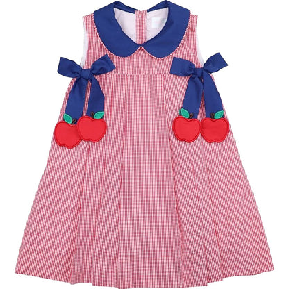Navy And Red Gingham Apple Bow Dress
