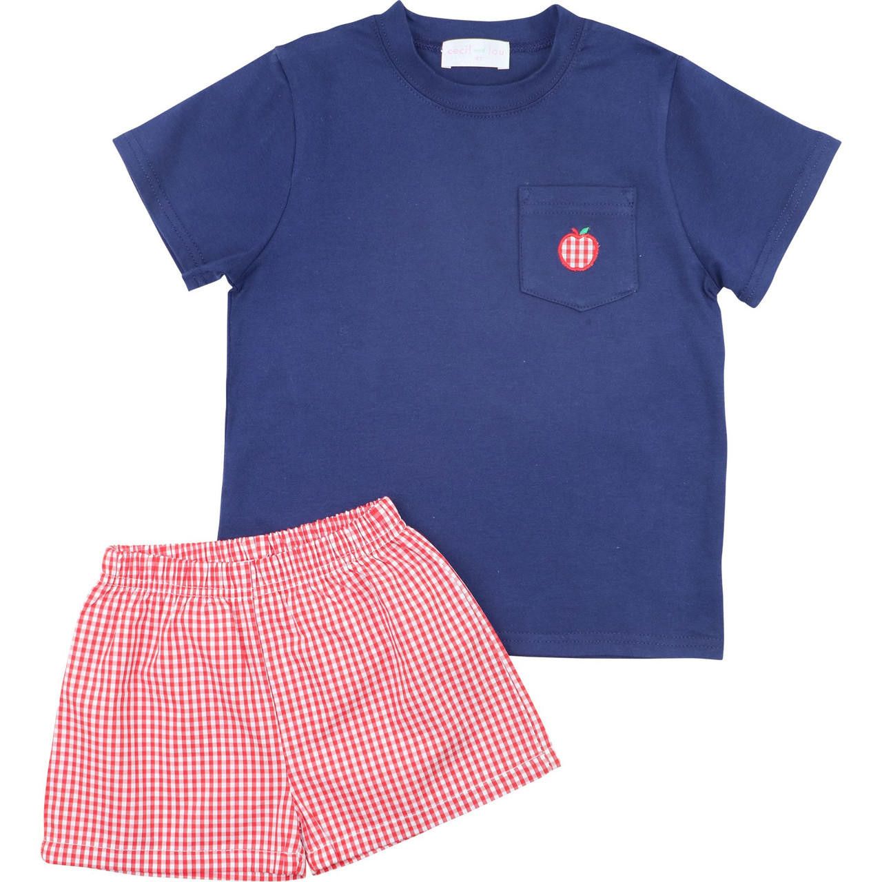 Navy And Red Gingham Apple Short Set