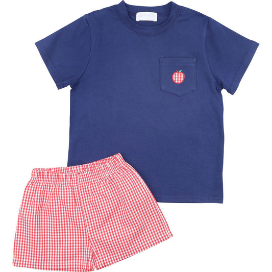 Navy And Red Gingham Apple Short Set