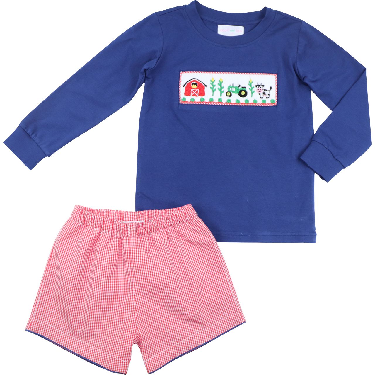 Navy And Red Gingham Smocked Farm Short Set