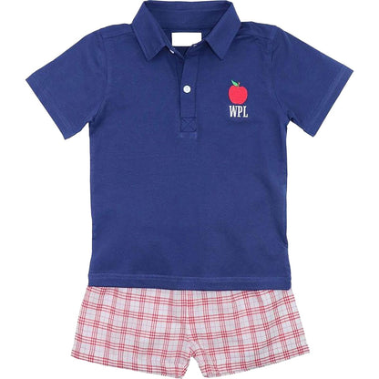 Navy And Red Plaid Apple Polo Short Set