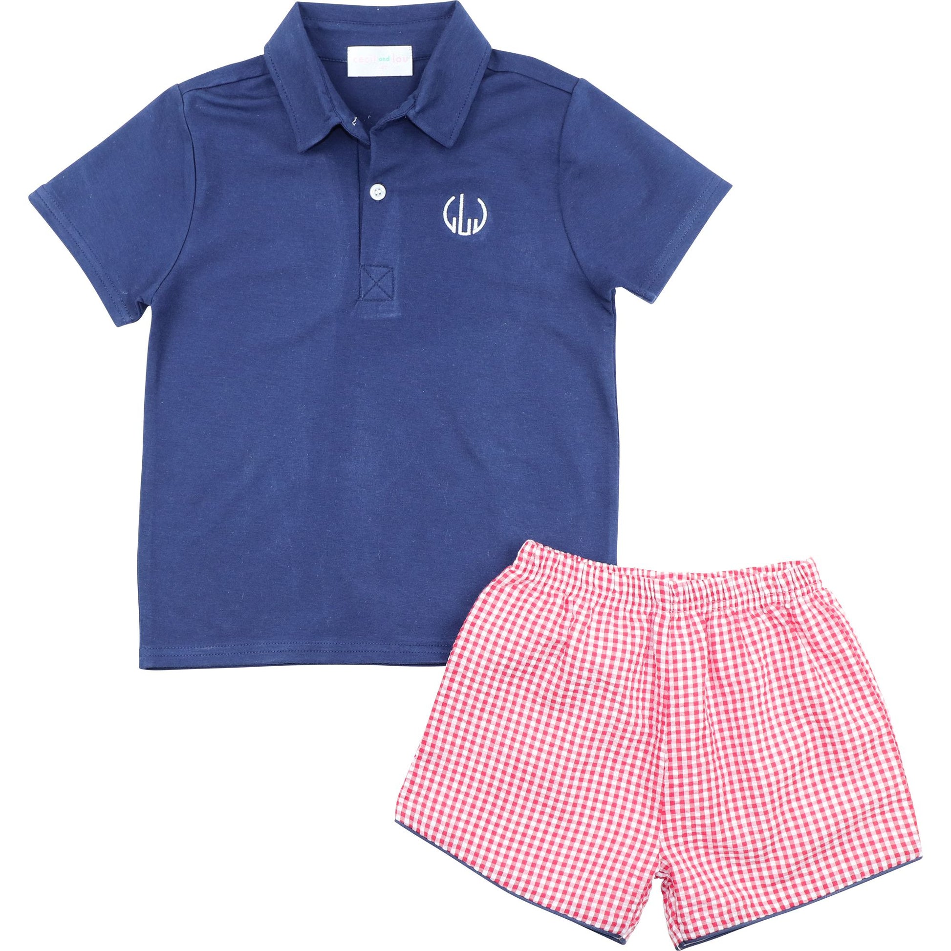Navy And Red Seersucker Polo Short Set