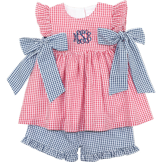 Navy And Red Seersucker Short Set