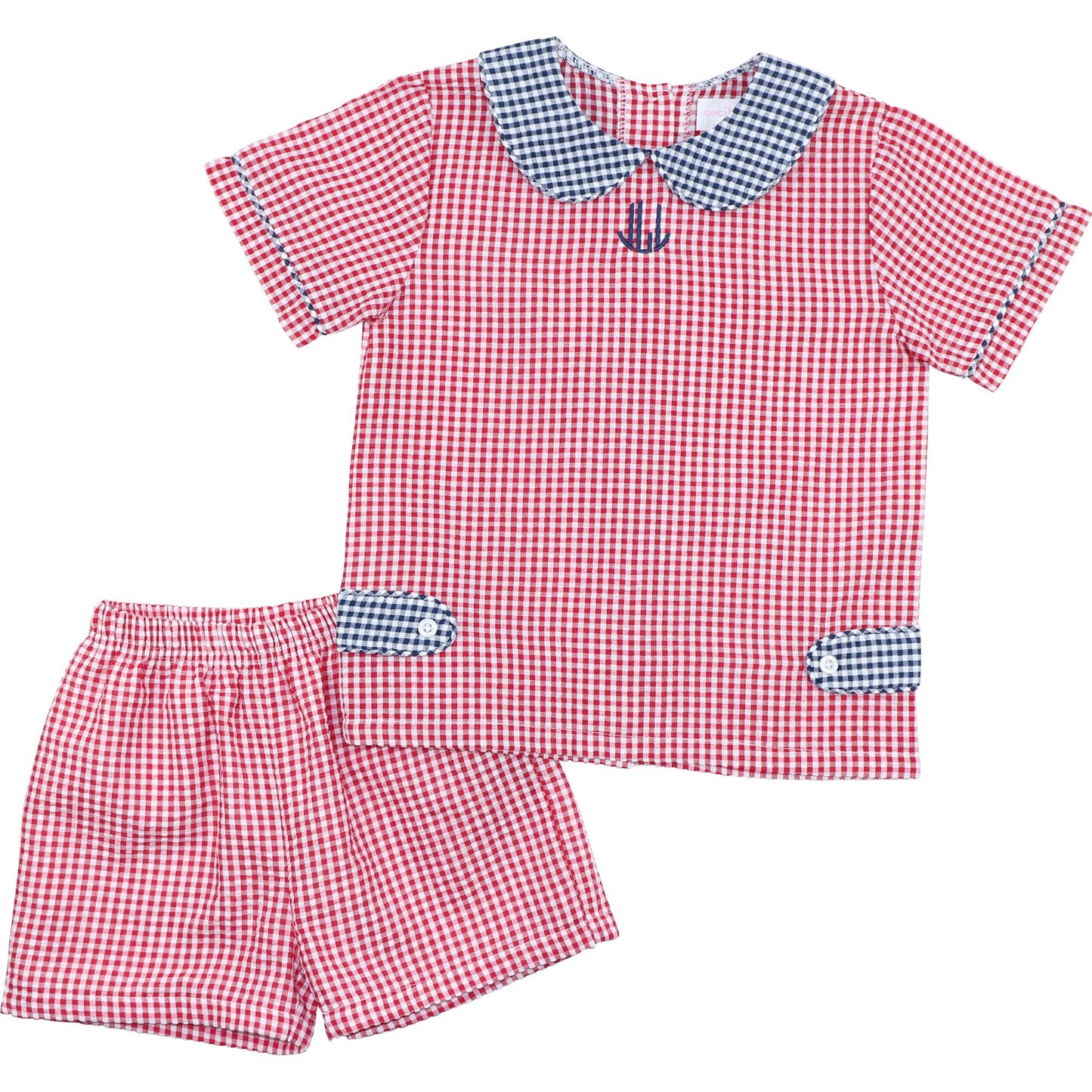 Navy And Red Seersucker Tab Short Set