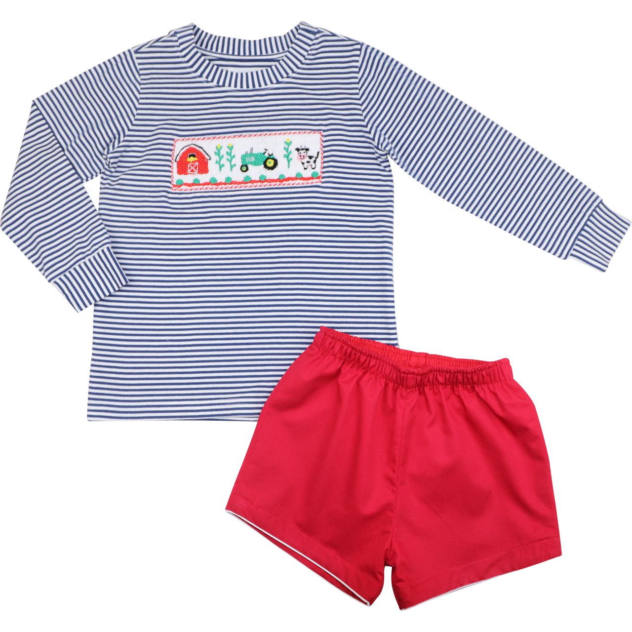 Navy And Red Smocked Farm Short Set