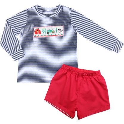 Navy And Red Smocked Farm Short Set