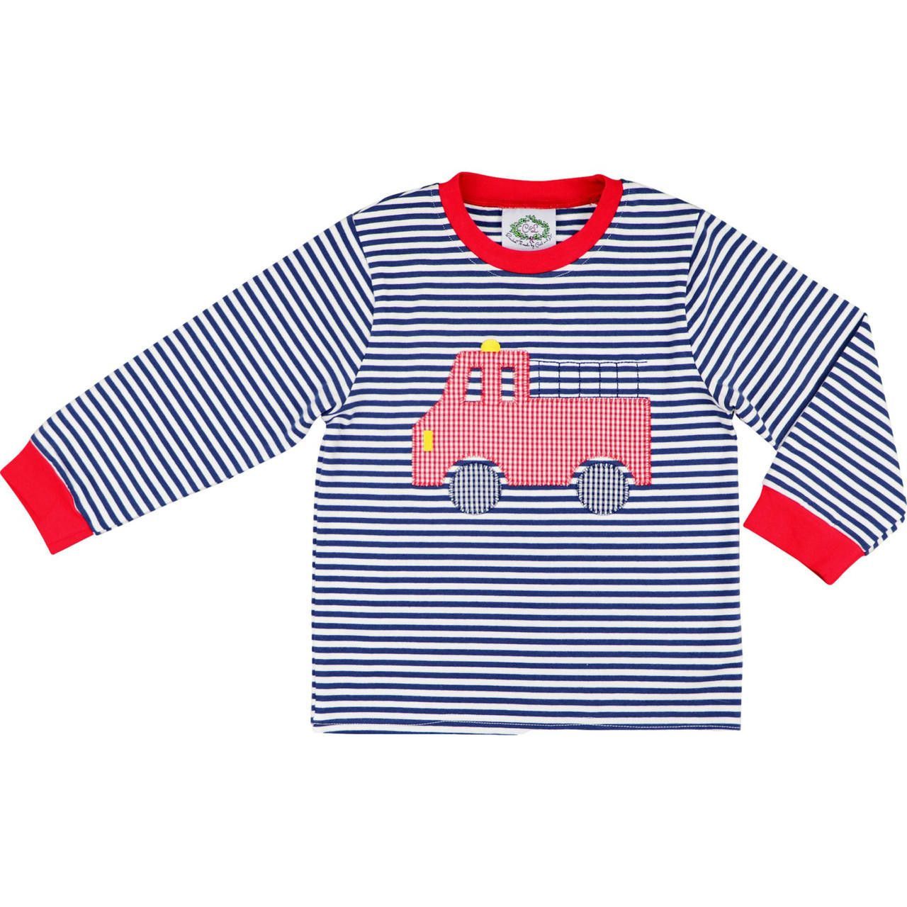 Navy And Red Striped Knit Applique Firetruck Shirt