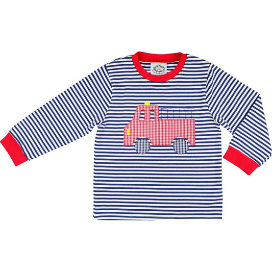 Navy And Red Striped Knit Applique Firetruck Shirt