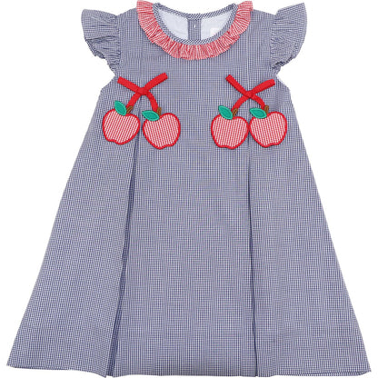 Navy Gingham Applique Apples Dress