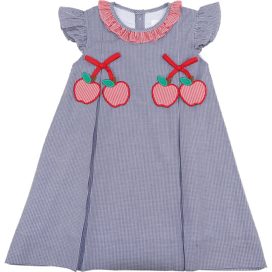 Navy Gingham Applique Apples Dress