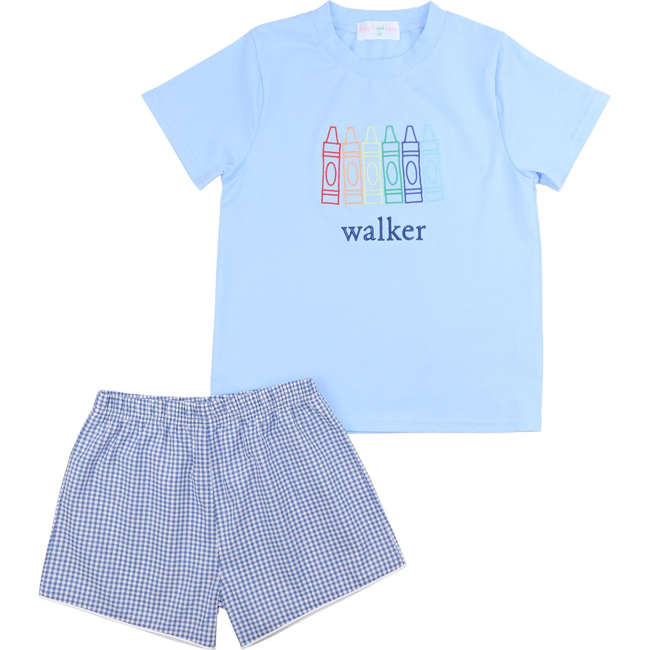 Navy Gingham Applique Crayons Short Set